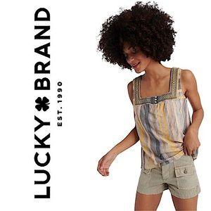 Lucky Brand Yellow & Gray Striped Square Neck Top